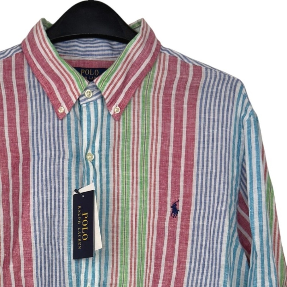 NEW Polo Ralph Lauren 100% LINEN Mens XXL Untucked Fit Button Down Striped $145